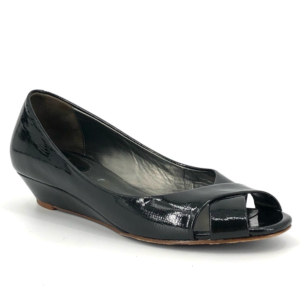 Cole Haan Nike Air Black Peep Toe Textured Patent Leather Low Wedge Size 8